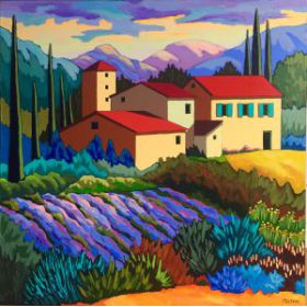 Cypress and lavender 40x40-available at Fallen Leaf Art Gallery, Canmore